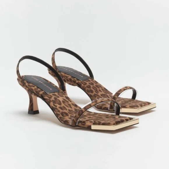 Good America Leopard Print Square Toe Sandal Heel - Picture 1 of 13